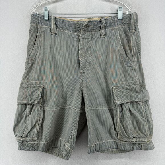 ABERCROMBIE & FITCH Shorts 30 Cargo Button Fly Railroad Stripe Cotton Blue Vtg